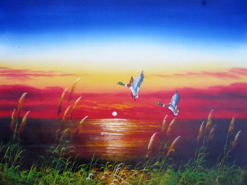 Ducks Flying over Water — Blue