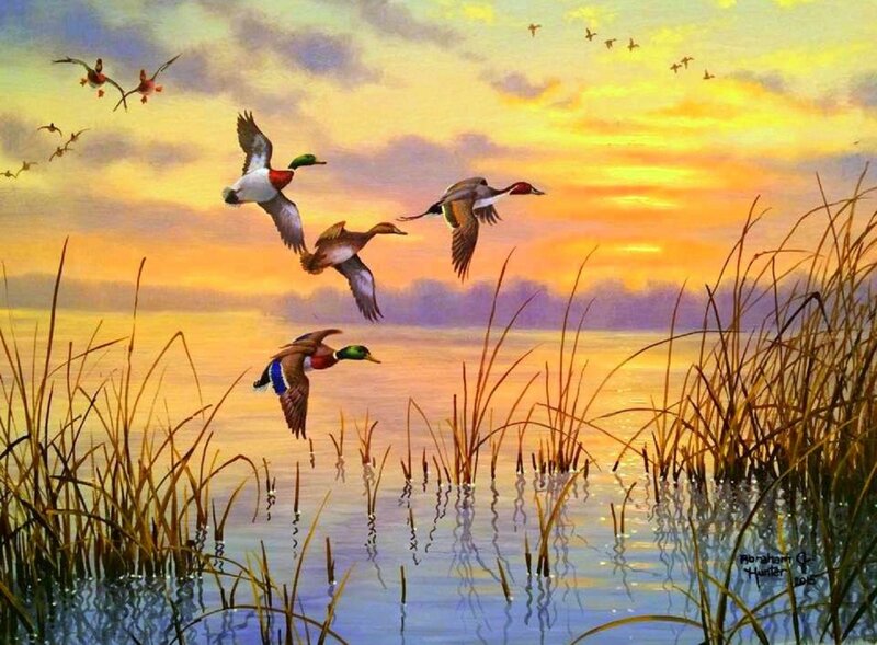 Ducks Flying over Water — Yellow