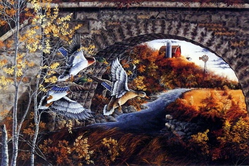 Ducks Flying under Bridge — Brown
