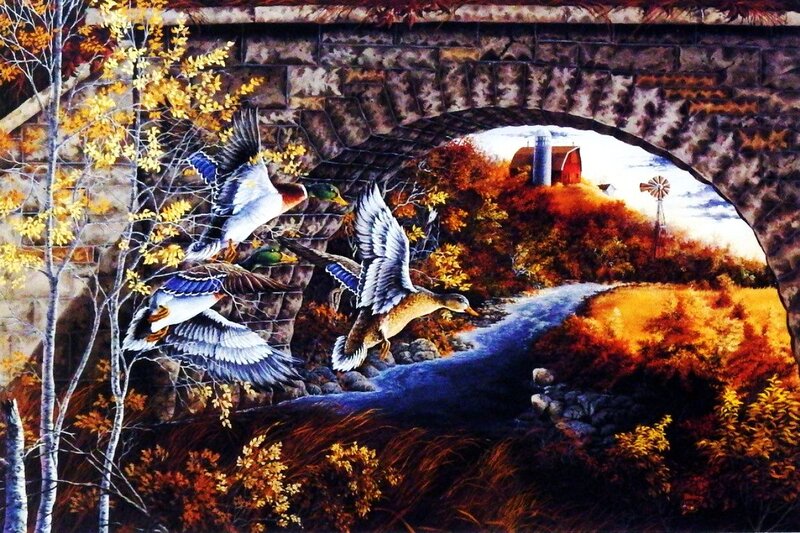 Ducks Flying under Bridge