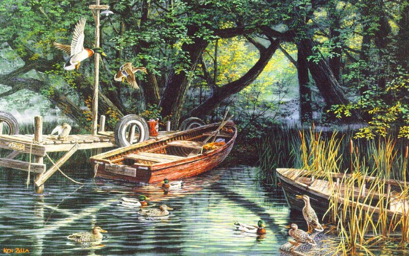Ducks in a Forest Pond — Green