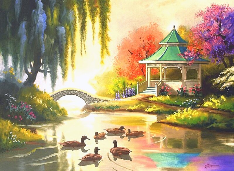 Ducks in a Pond — Green, Serene, Sunset, Painting, Gazebo