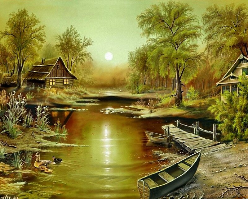 Ducks in a Pond — Green, Serene, Sunset, Painting