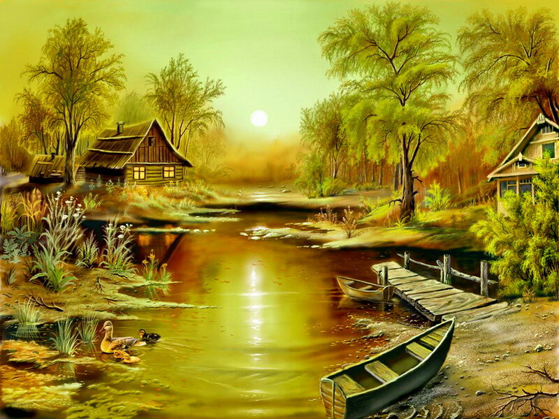 Ducks in a Pond — Green, Serene, Sunset