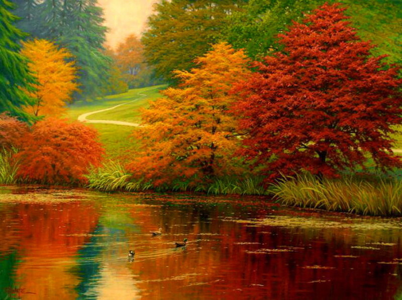 Ducks in Autumn Pond — Red