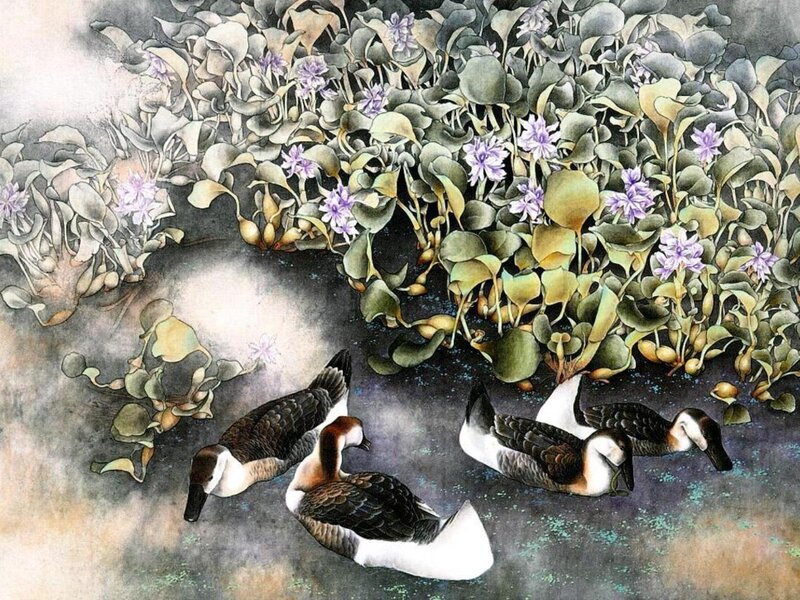Ducks in Pond — Green, Serene, Painting