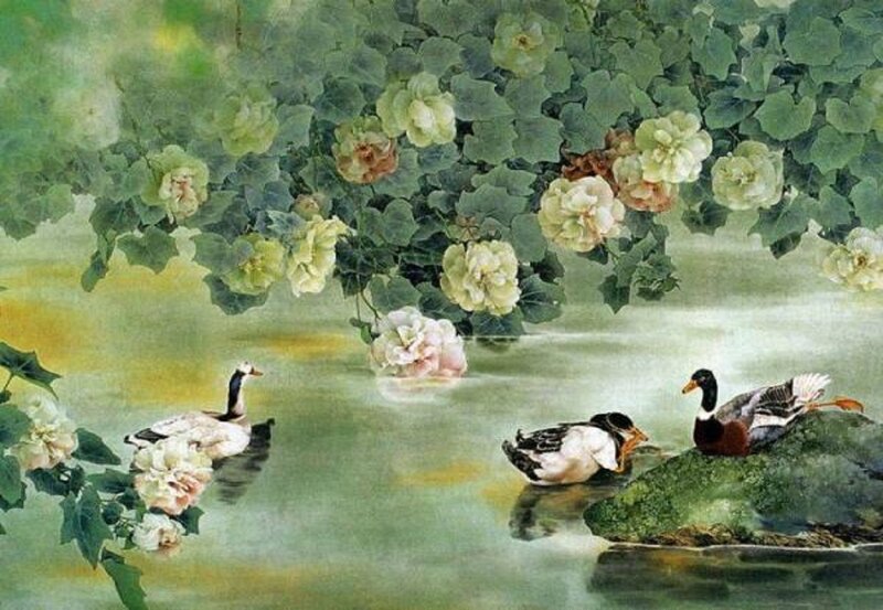 Ducks in Pond — Green, Serene, Spring