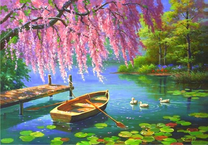 Ducks in Pond — Pink, Serene