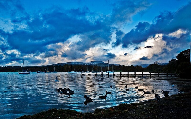 Ducks on a Lake — Blue, Dramatic, Sunset