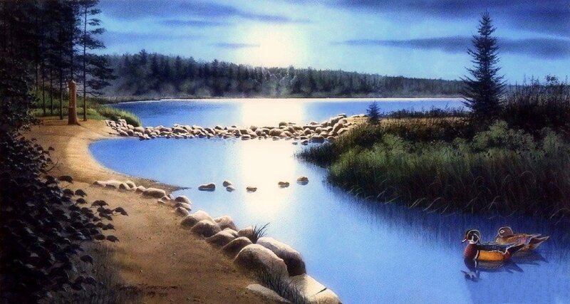 Ducks on a Lake — Blue, Serene, Night, Painting