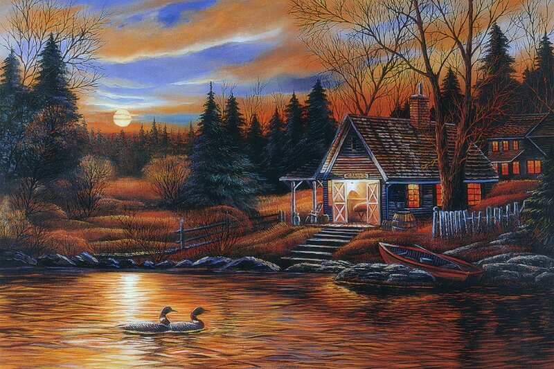 Ducks on a Lake — Orange, Serene, Sunset