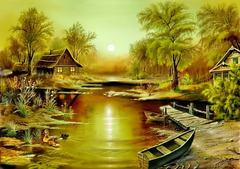 Ducks on a Pond — Green, Serene, Sunset