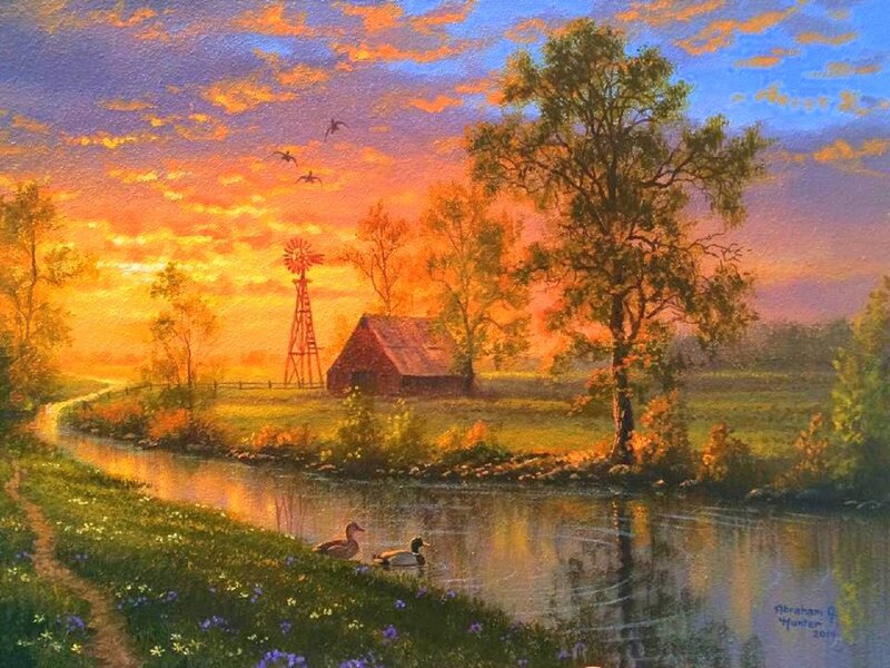 Ducks on a Pond — Orange, Serene, Sunset