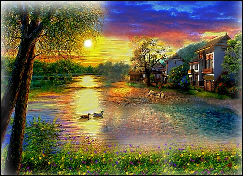 Ducks on a River — Blue, Serene
