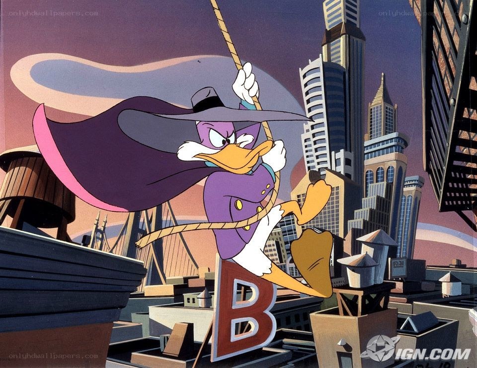 DuckTales hero swinging through city