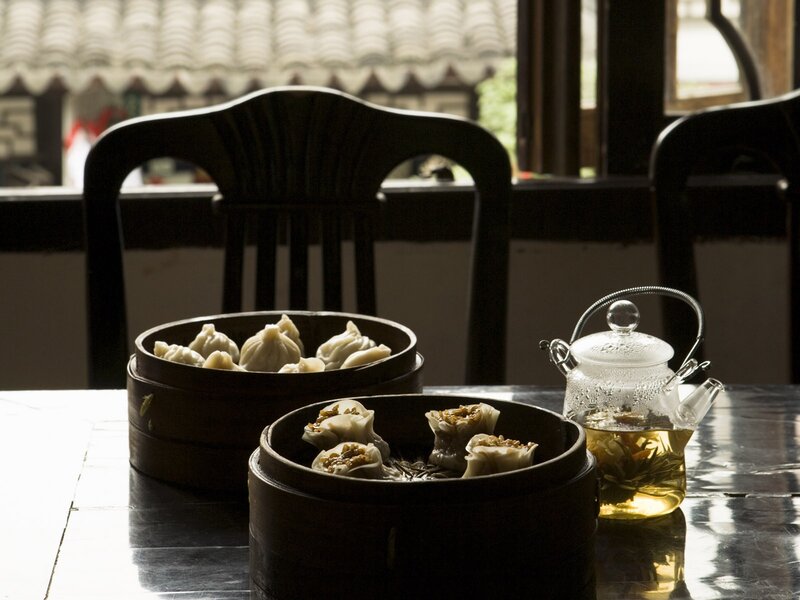 Dumplings and tea on a table