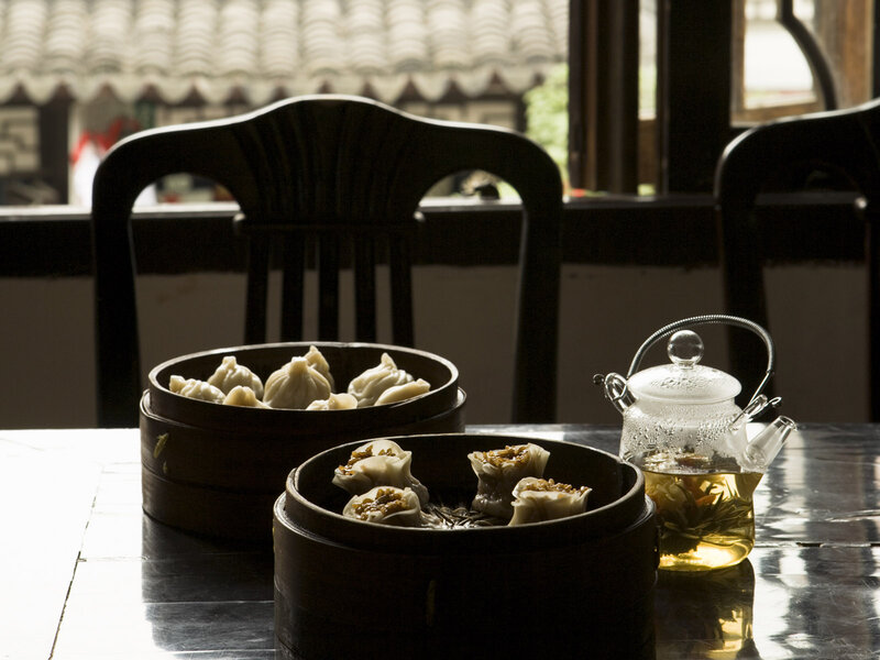 Dumplings and Tea on Table