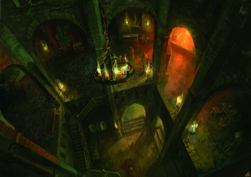 dungeon interior with chandelier