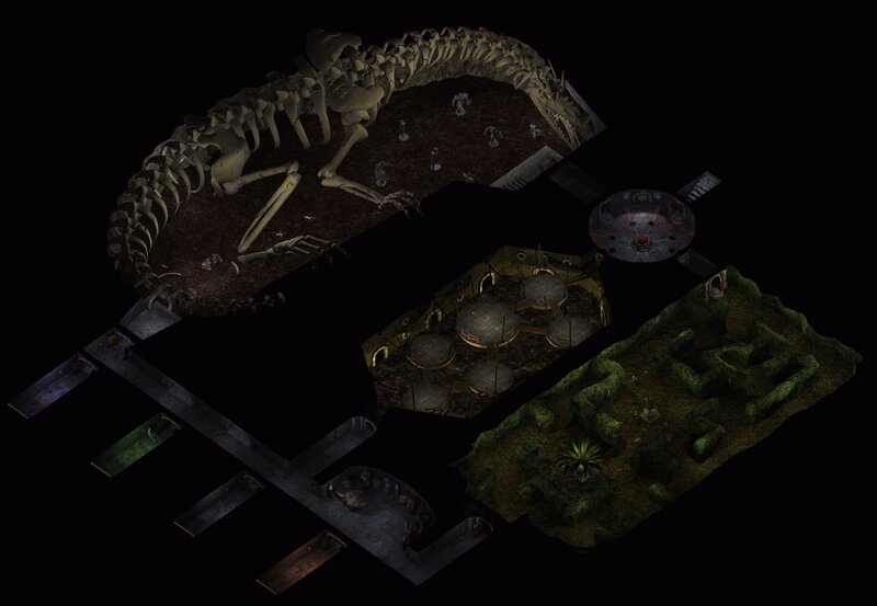 dungeon map with dinosaur skeleton