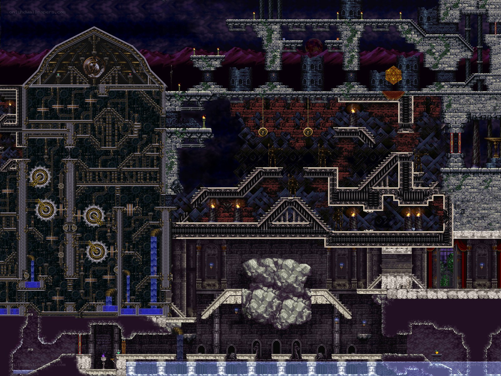 dungeon with mechanical and stone architecture