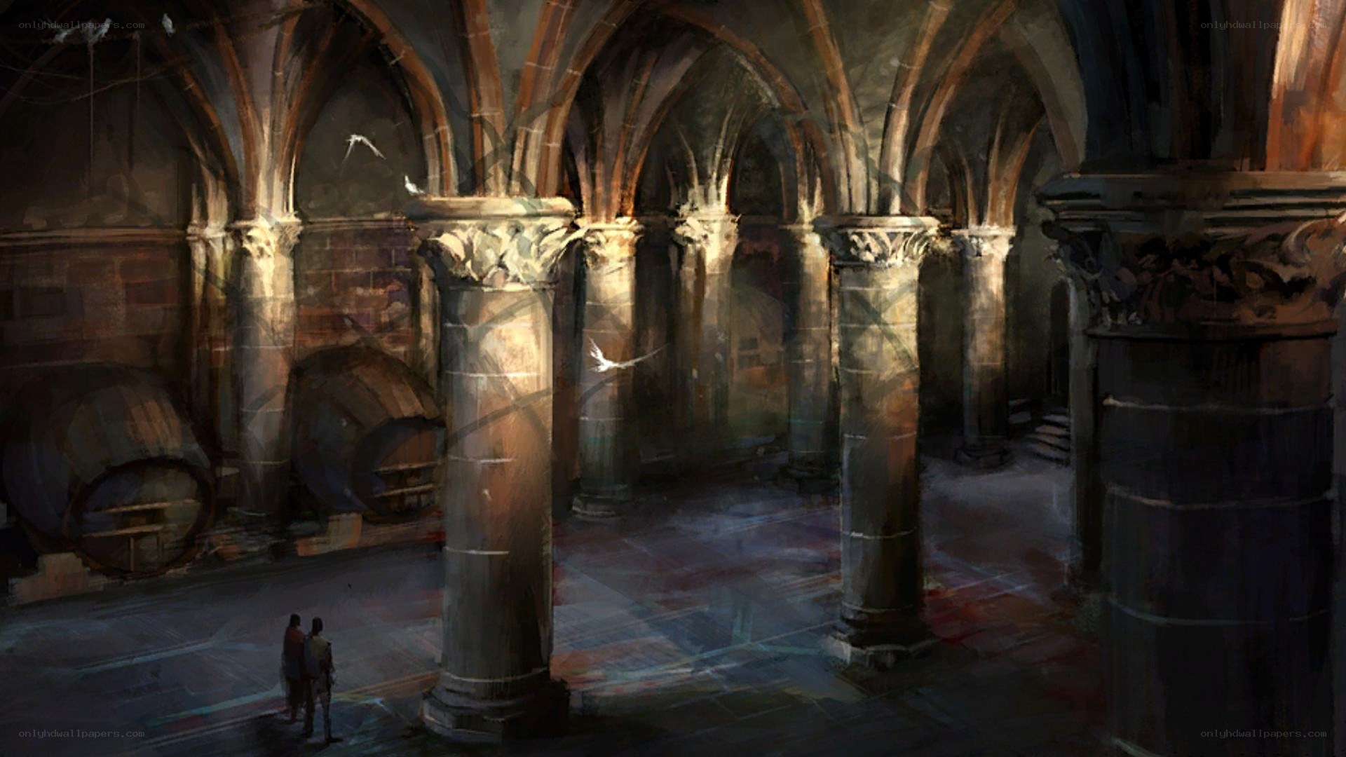 dungeon with pillars and barrels