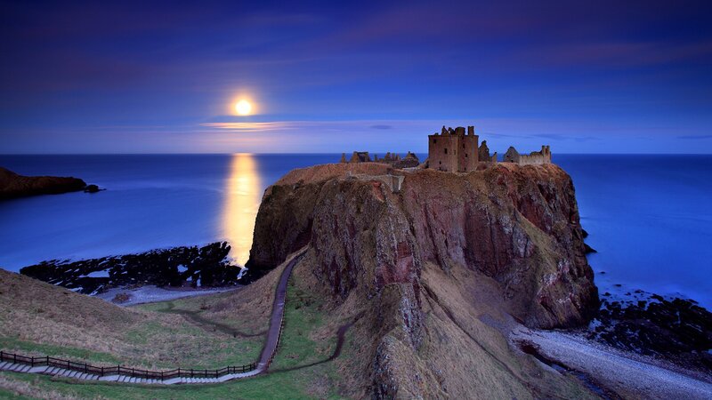 Dunnottar Castle at Night — Blue, Dramatic, Photograph, Cliff