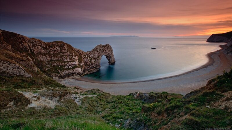 Durdle Door Arch — Purple, Serene, Sunset, Photograph, Cliffs