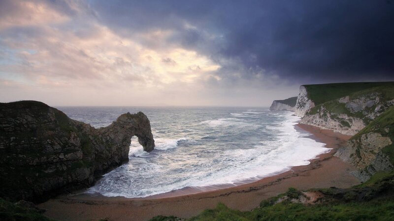 Durdle Door Rock Arch — Blue, Dramatic, Sunset, Photograph, Cliffs, Ocean