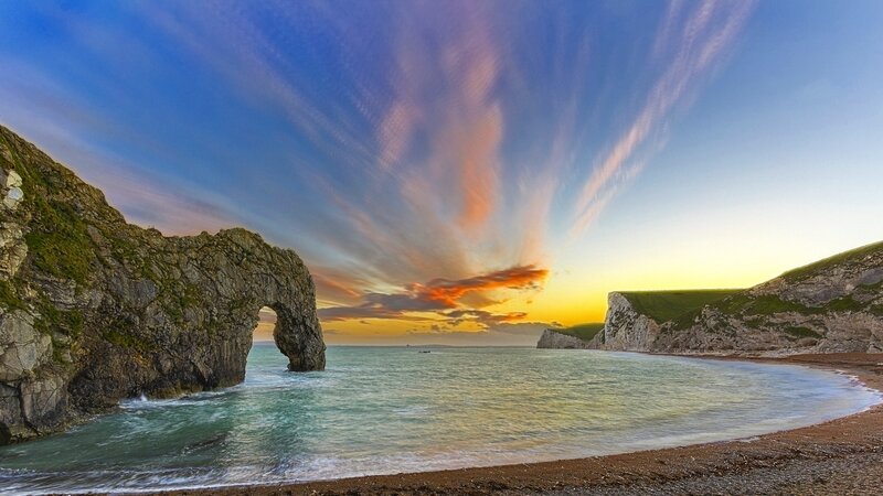 Durdle Door Rock Arch — Blue, Dramatic, Sunset, Photograph, Cliffs, Sea