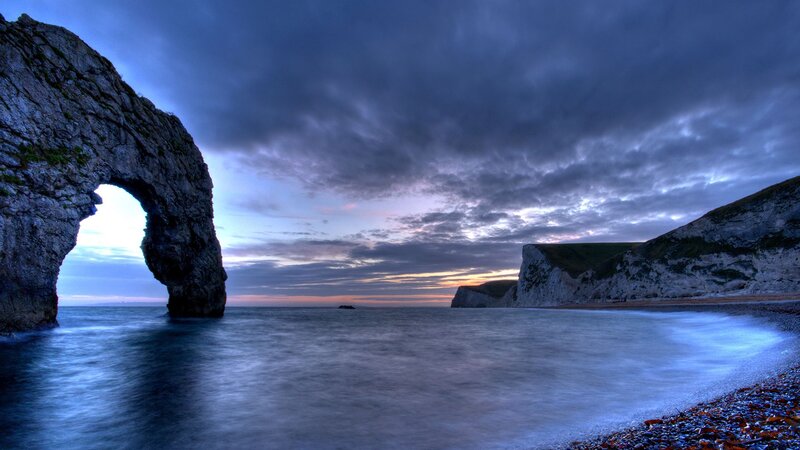 Durdle Door Rock Arch — Blue, Dramatic, Sunset, Photograph, Sea