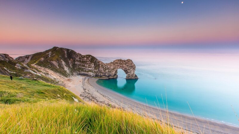 Durdle Door Rock Arch — Blue, Serene, Sunset, Photograph, Beach, Sea