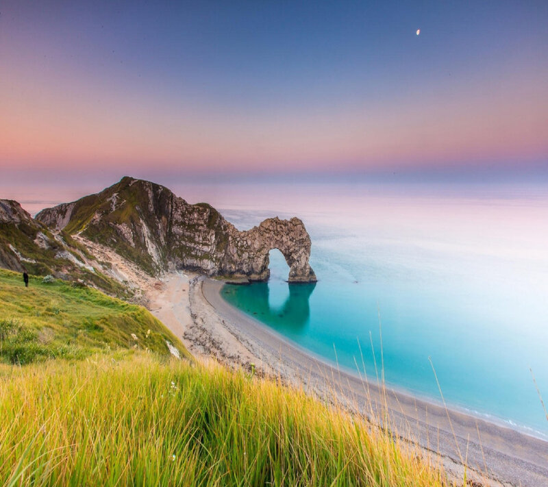 Durdle Door Rock Arch — Blue, Serene, Sunset, Photograph, Cliffs, Beach