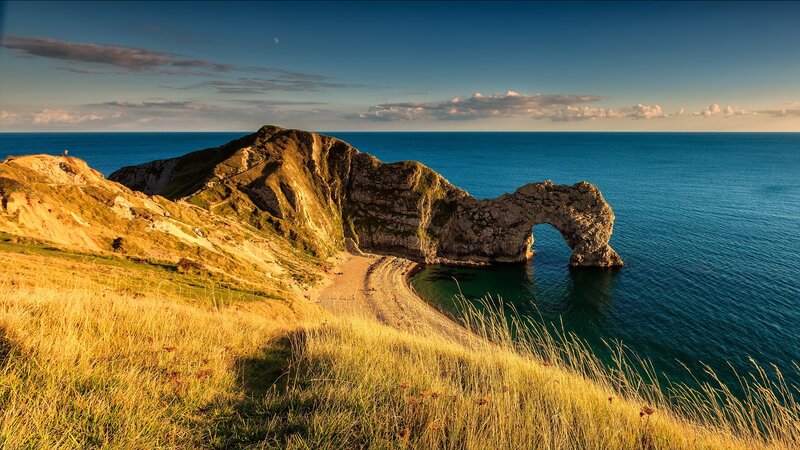 Durdle Door Rock Arch — Blue, Serene, Sunset, Photograph, Cliffs, Sea, Beach