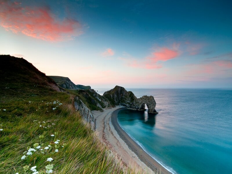 Durdle Door Rock Arch — Blue, Serene, Sunset