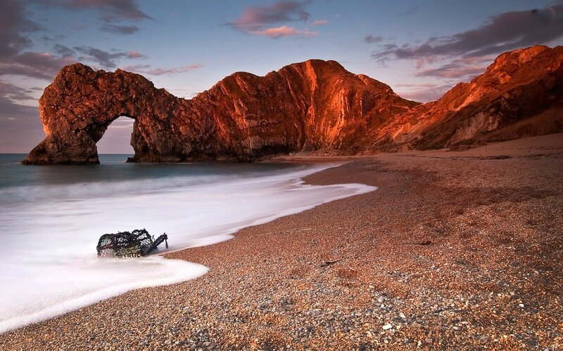 Durdle Door Rock Arch — Orange, Dramatic, Sunset, Photograph, Beach