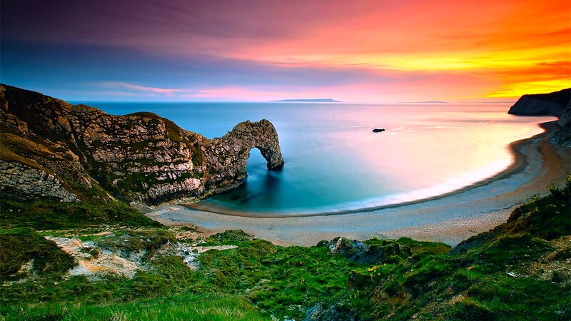 Durdle Door Rock Arch — Orange, Dramatic, Sunset, Photograph, Cliffs, Beach, Sea
