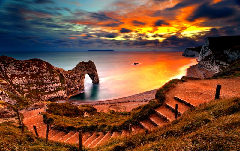 Durdle Door Rock Arch — Orange, Dramatic, Sunset, Photograph