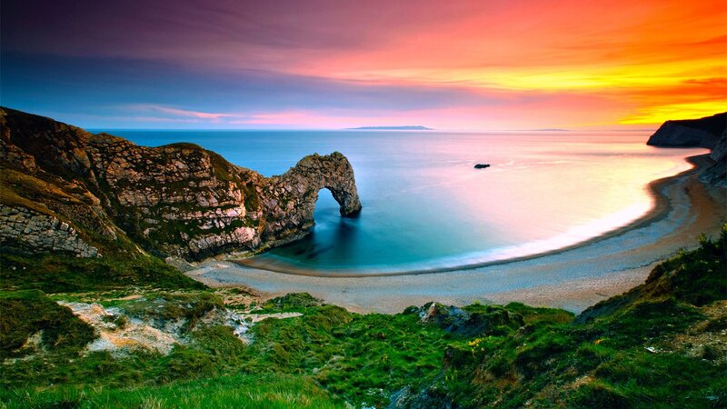 Durdle Door Rock Arch — Orange, Serene, Sunset, Photograph, Cliffs