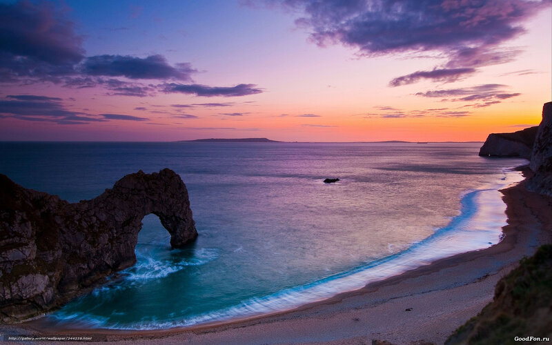 Durdle Door Rock Arch — Purple, Serene, Sunset, Photograph, Beach