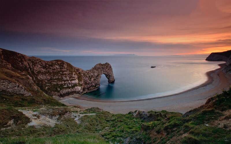 Durdle Door Rock Arch — Purple, Serene, Sunset, Photograph, Cliffs, Beach, Sea, Orange