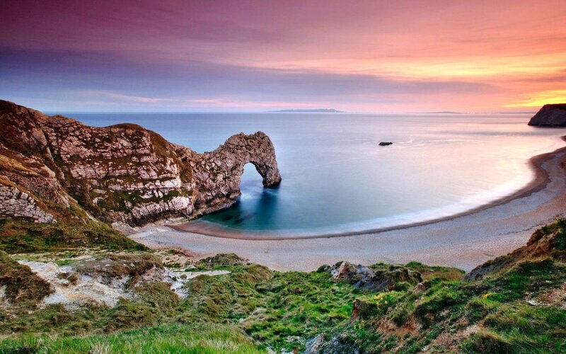Durdle Door Rock Arch — Purple, Serene, Sunset, Photograph, Cliffs