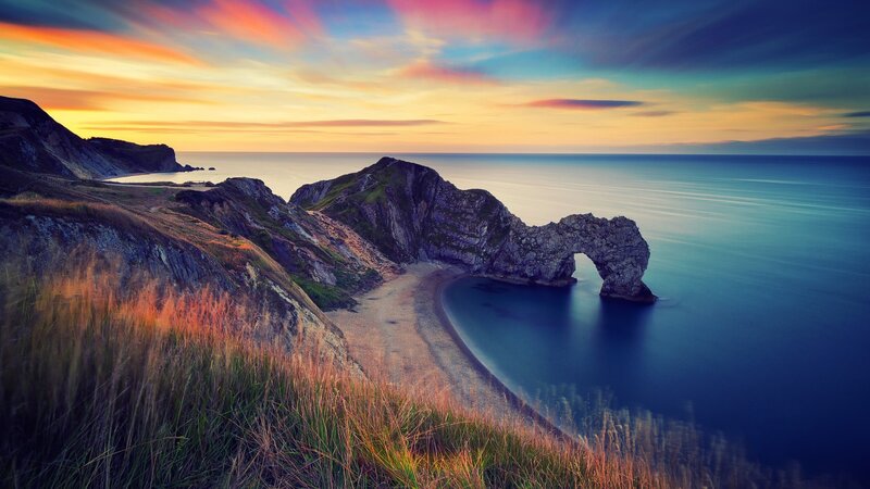 Durdle Door Rock Formation — Blue, Dramatic, Sunset, Photograph