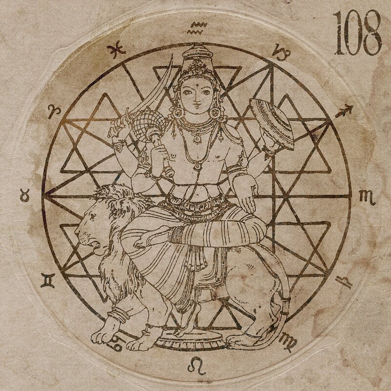 Durga on lion with zodiac
