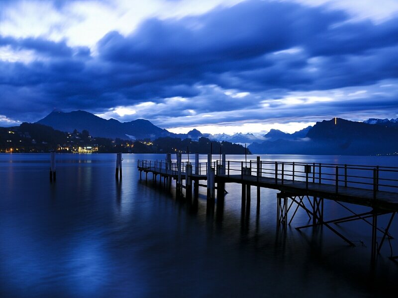 Dusk at a lakeside pier