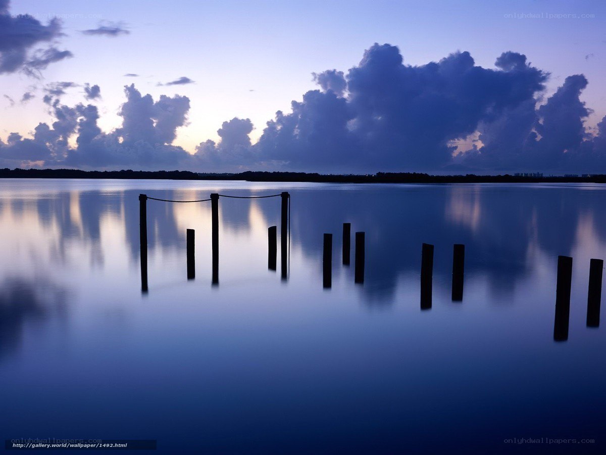 Dusk at the lake with wooden posts