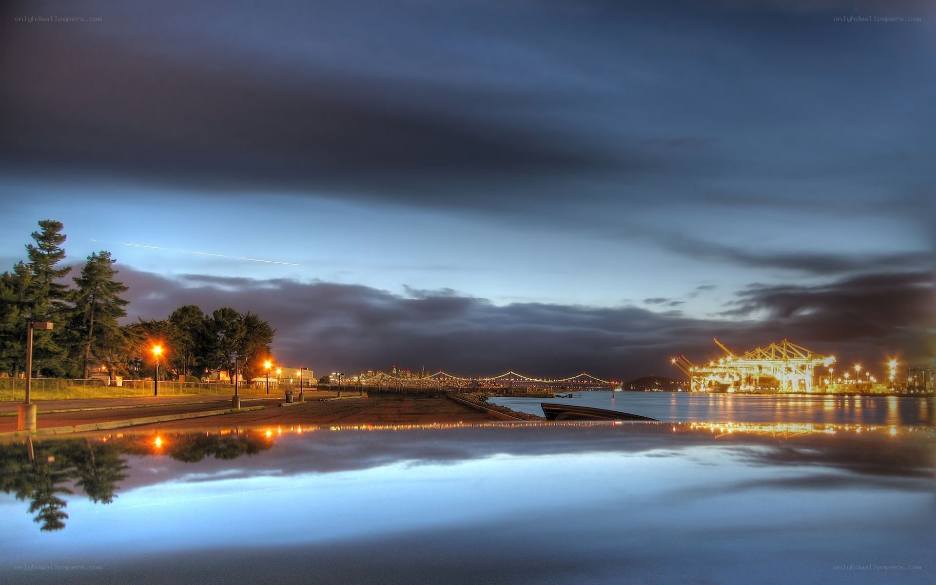 Dusk at the port with bridge