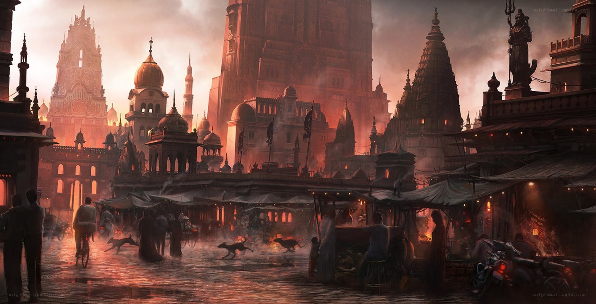 Dusk over a bustling city market