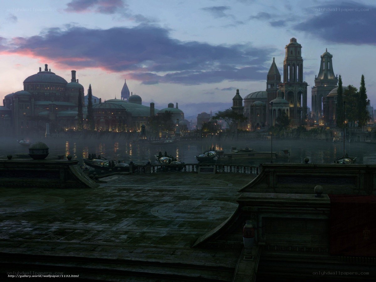 dusk over a fantasy city