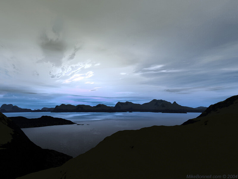 dusk over a fjord landscape