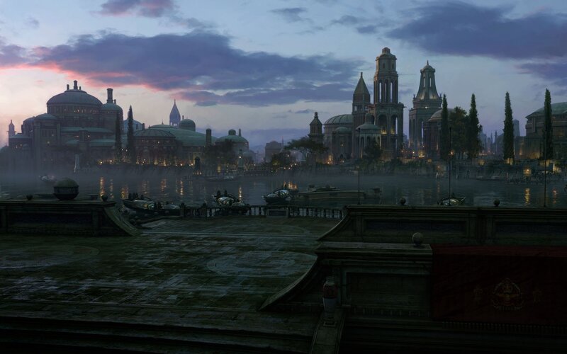 dusk over a futuristic city